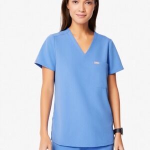 FIGS Blue Scrub Top V Neck Short Sleeve Chest Pocket Womens Size Medium
